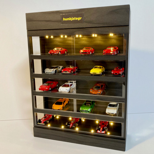 1/64展示35台可能・漆黒ウッド・5層式ディスプレーBOX / LED照明20灯