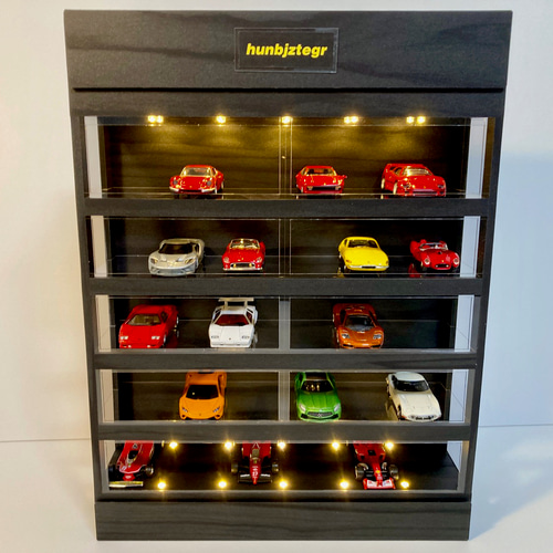 1/64展示35台可能・漆黒ウッド・5層式ディスプレーBOX / LED照明20灯