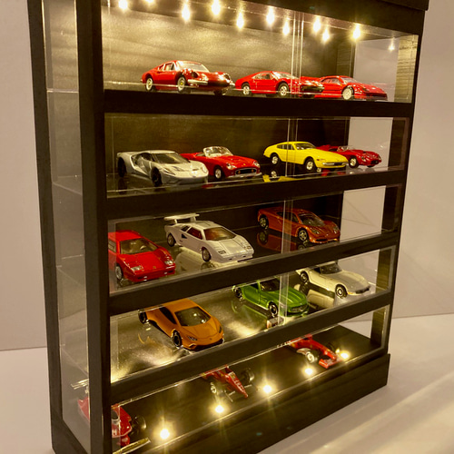 1/64展示35台可能・漆黒ウッド・5層式ディスプレーBOX / LED照明20灯