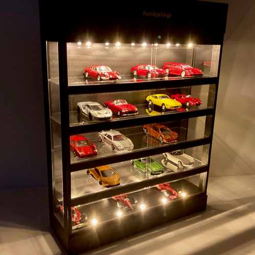 1/64展示35台可能・漆黒ウッド・5層式ディスプレーBOX / LED照明20灯