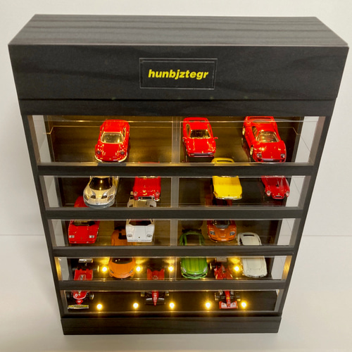 1/64展示35台可能・漆黒ウッド・5層式ディスプレーBOX / LED照明20灯