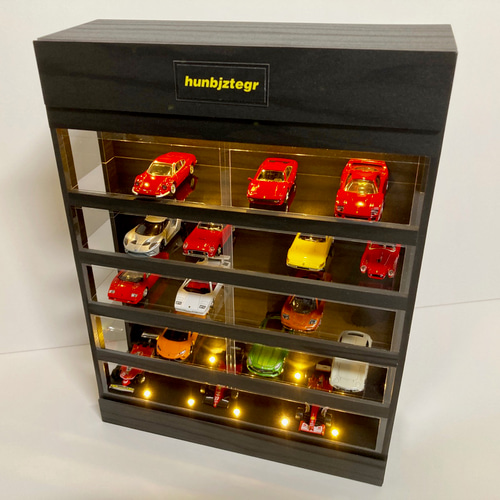 1/64展示35台可能・漆黒ウッド・5層式ディスプレーBOX / LED照明20灯