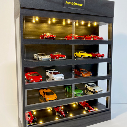 1/64展示35台可能・漆黒ウッド・5層式ディスプレーBOX / LED照明20灯