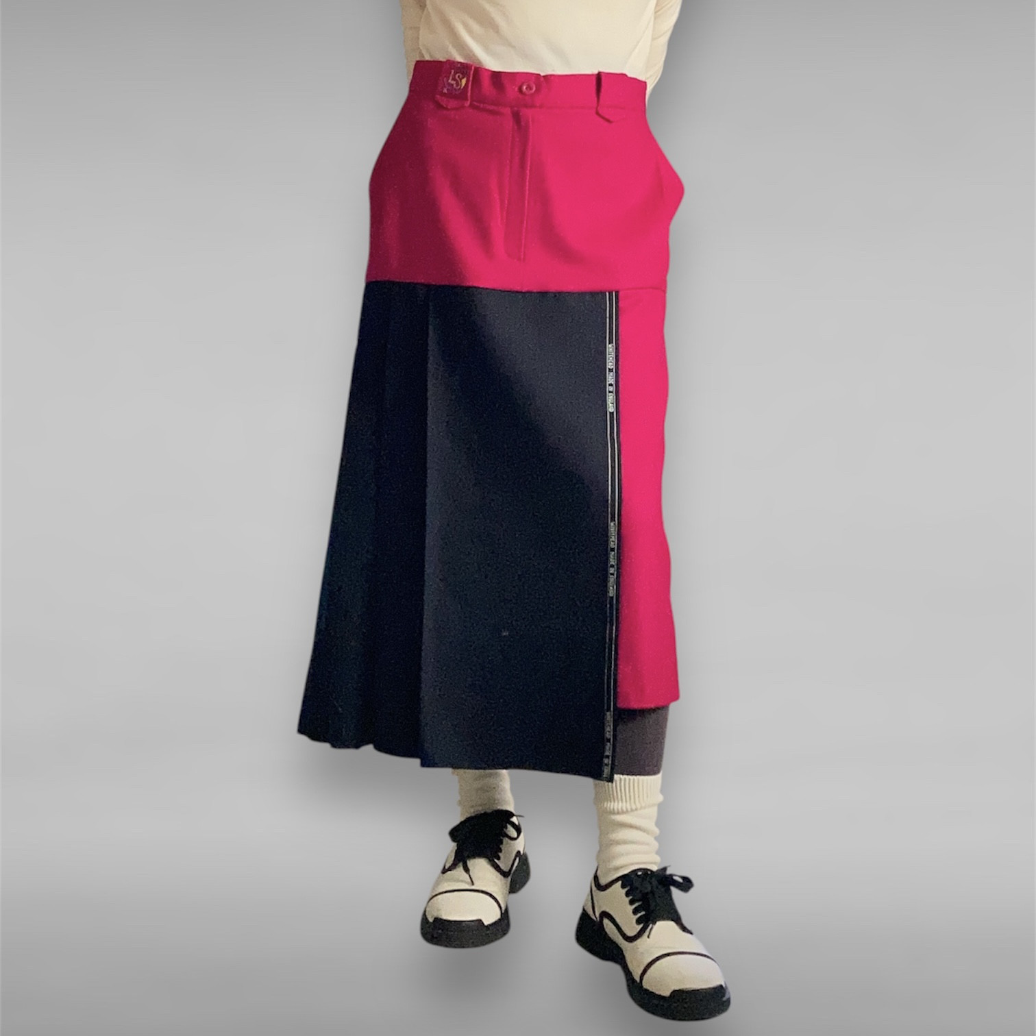 アシンメトリー プリーツスカート｜ローズピンク×ダークネイビー【リメイク1点物】