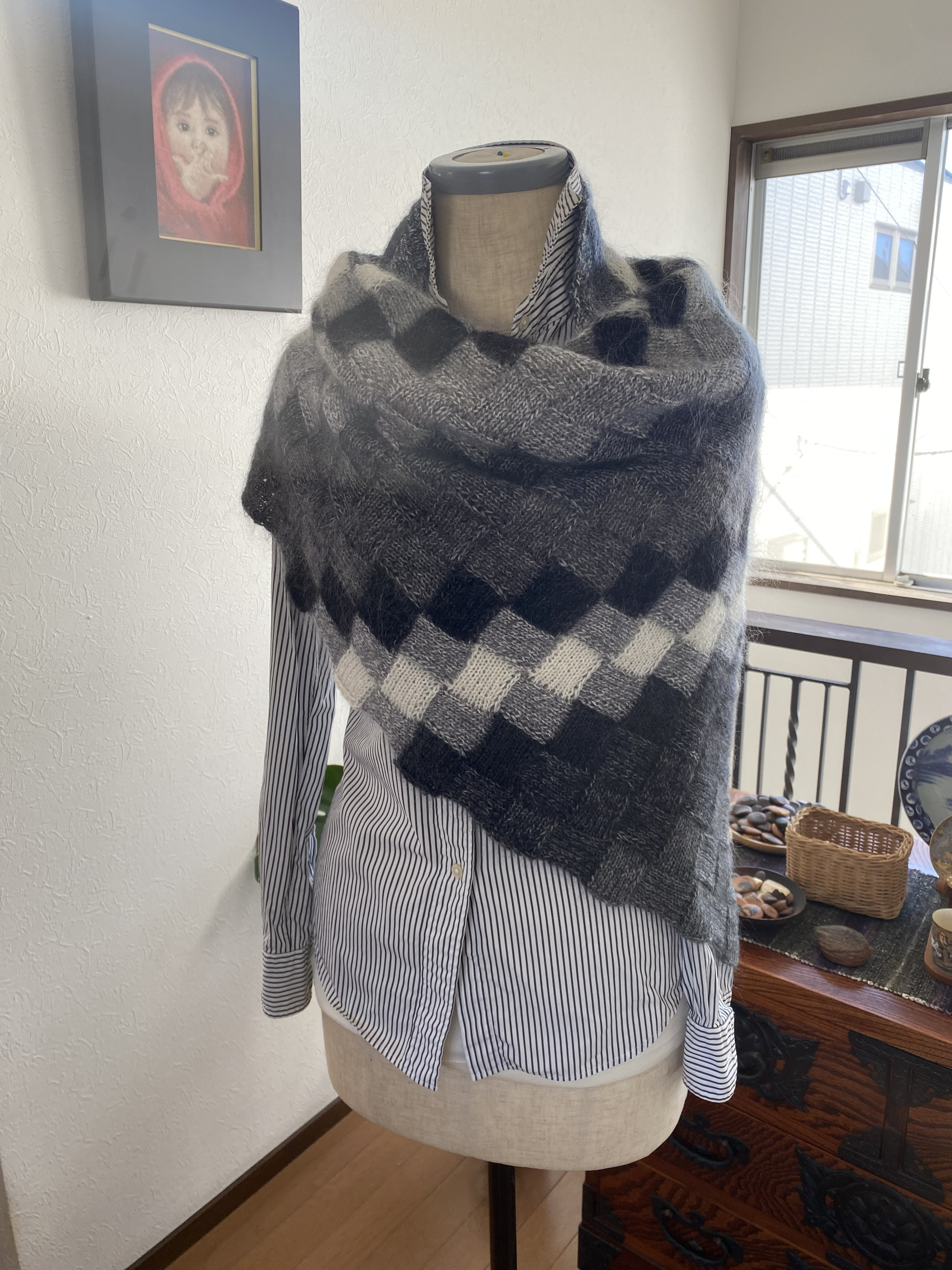 バスケット編み　三角ストール