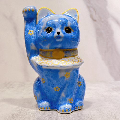 青い花柄の招き猫 陶器 置物 清水焼 招き猫】青鯛の花 百万両 その他アート ourlittlezone 通販