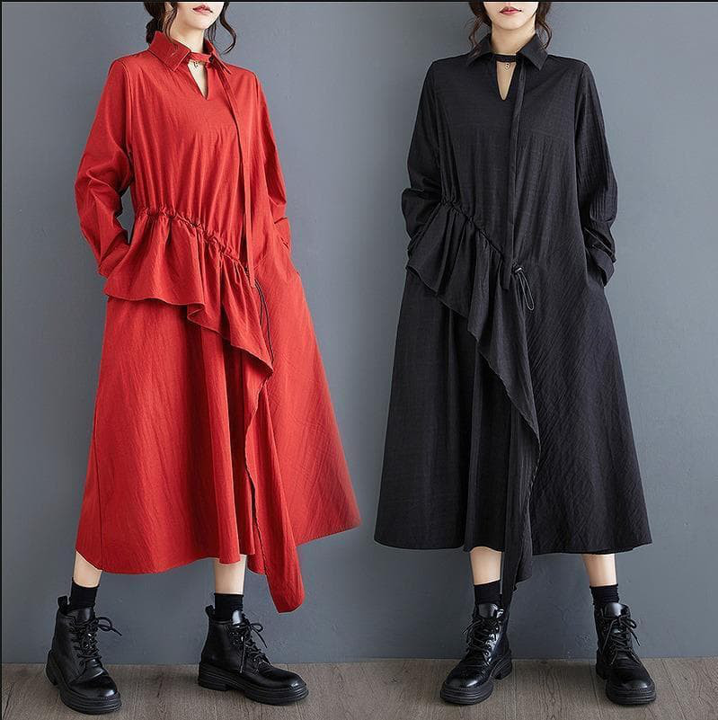 大きいサイズ レディース 秋冬　ワンピース　フリル　春 新品 長袖　赤　シャツ