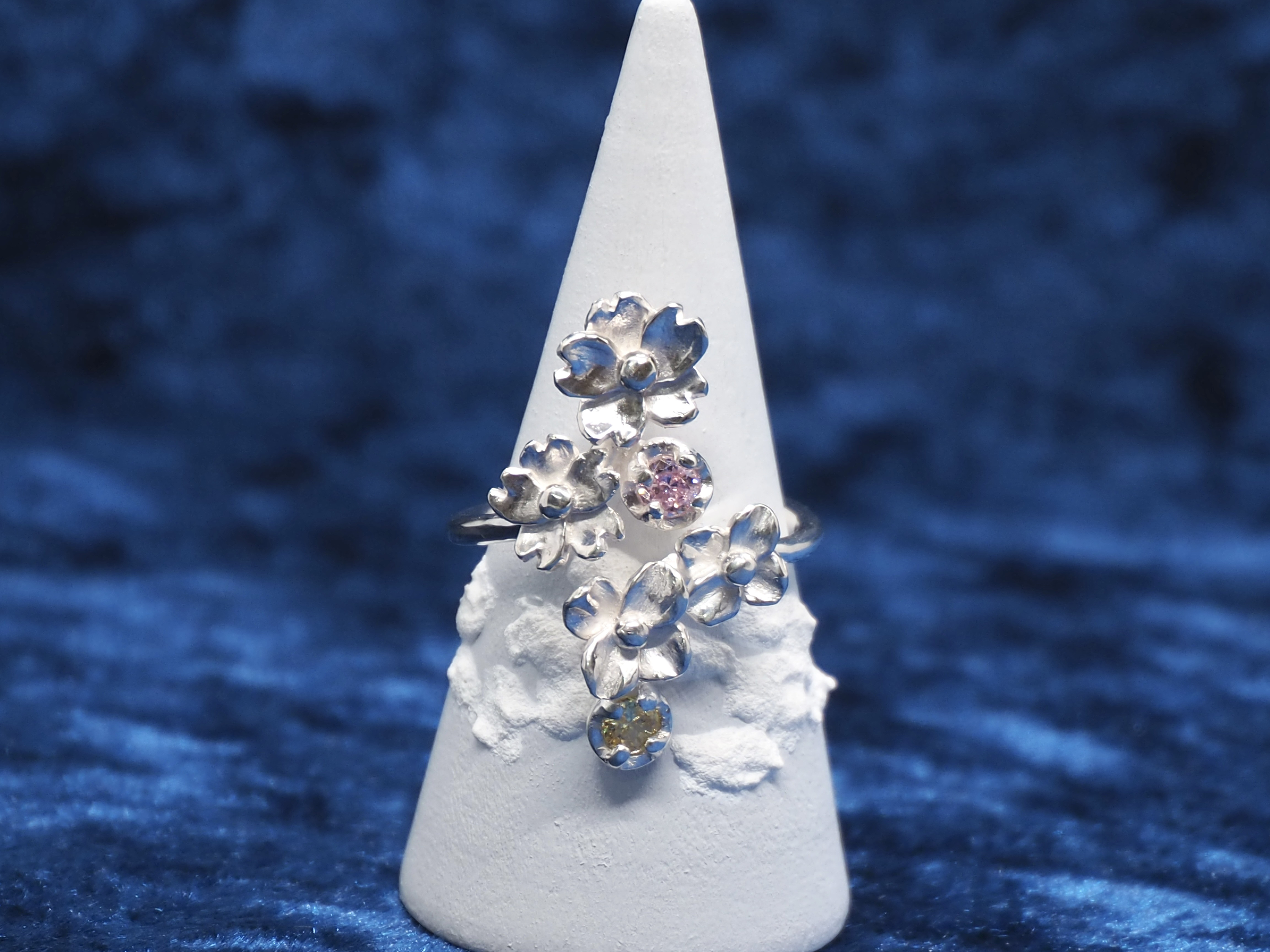 桜と菜の花の指輪 キュービックジルコニア 12号~14号 Silver925