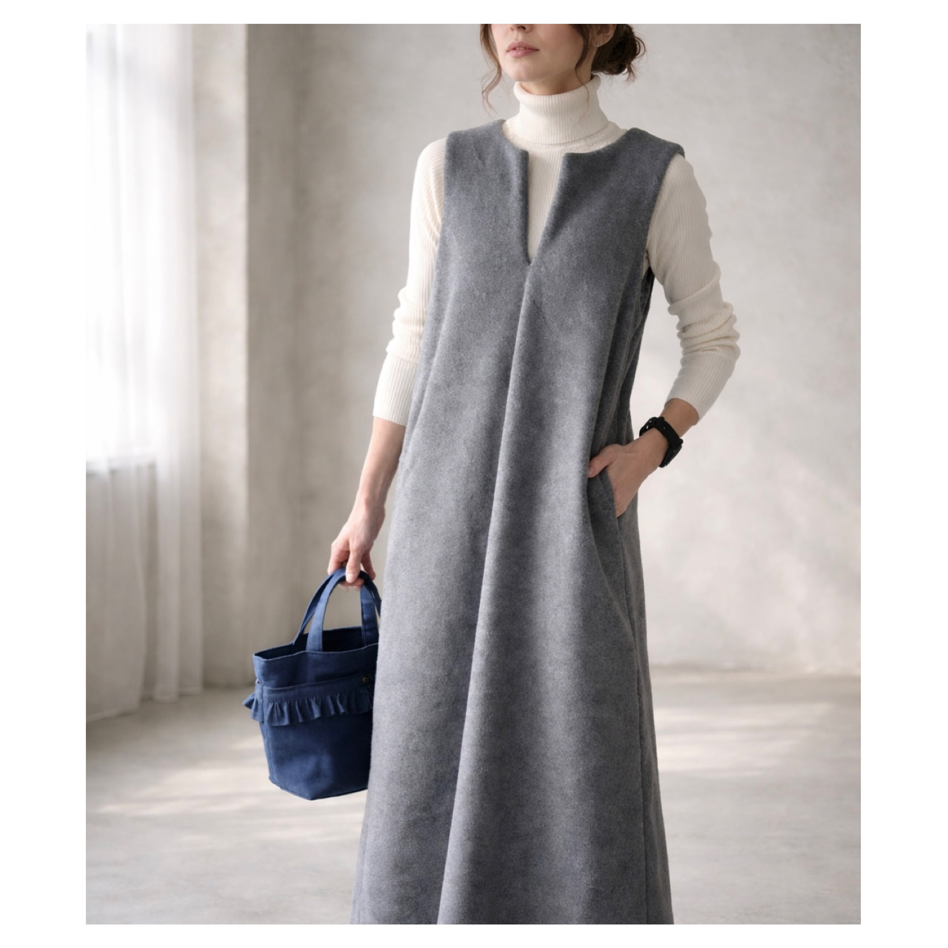 大人の冬モコモコ高級メルトンフリースワンピース／スラッシュネックワンピース／メルトンジャンパースカート／全9色／グレー