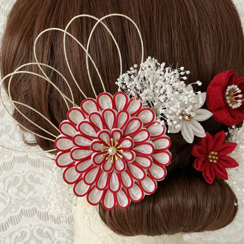 縁取りつまみ細工の髪飾りセット(白×赤) コーム PAPER MOON 通販