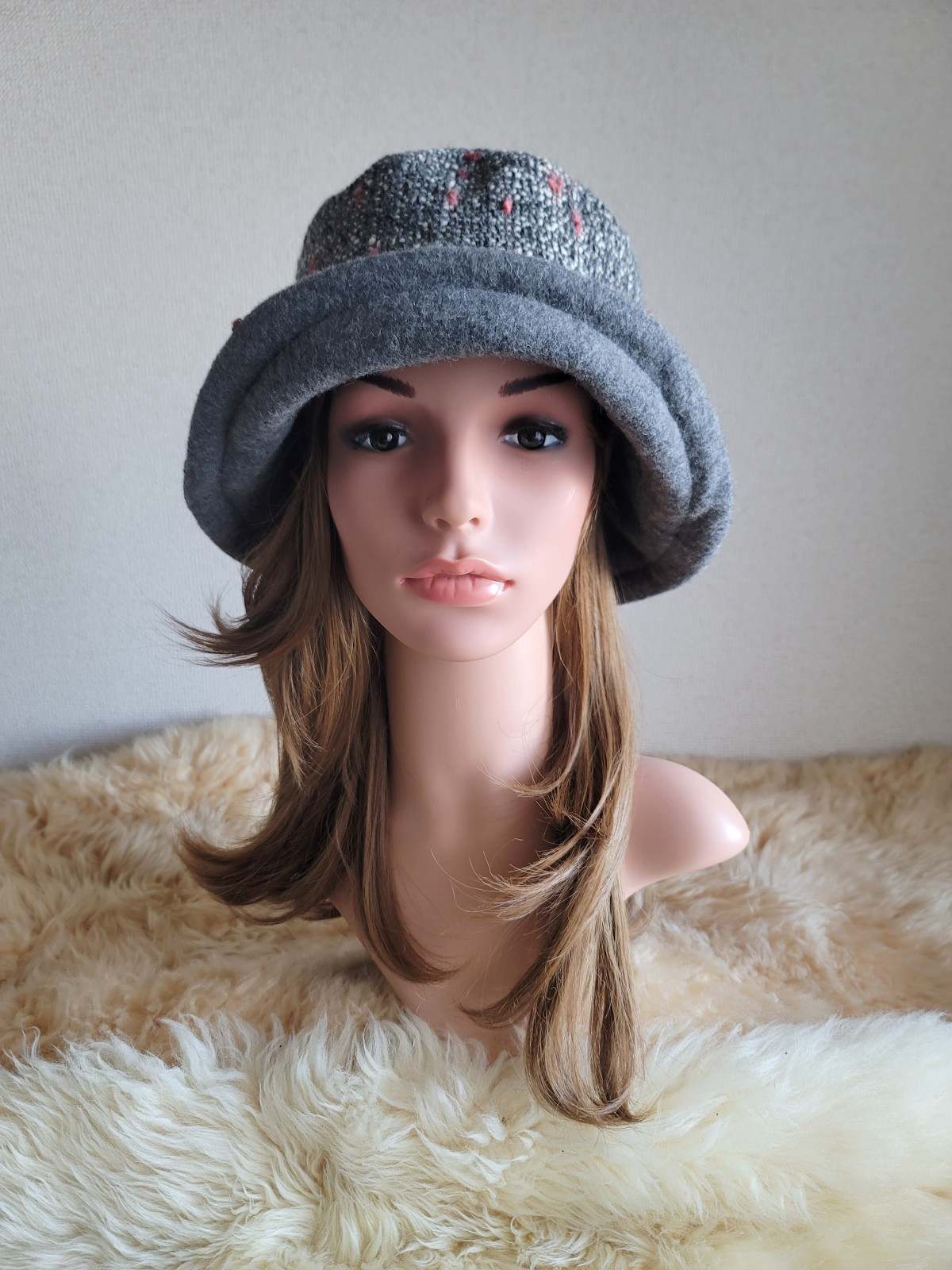 three. premium★62㎝★イタリアツイード★グレー×ピンク系ミックス