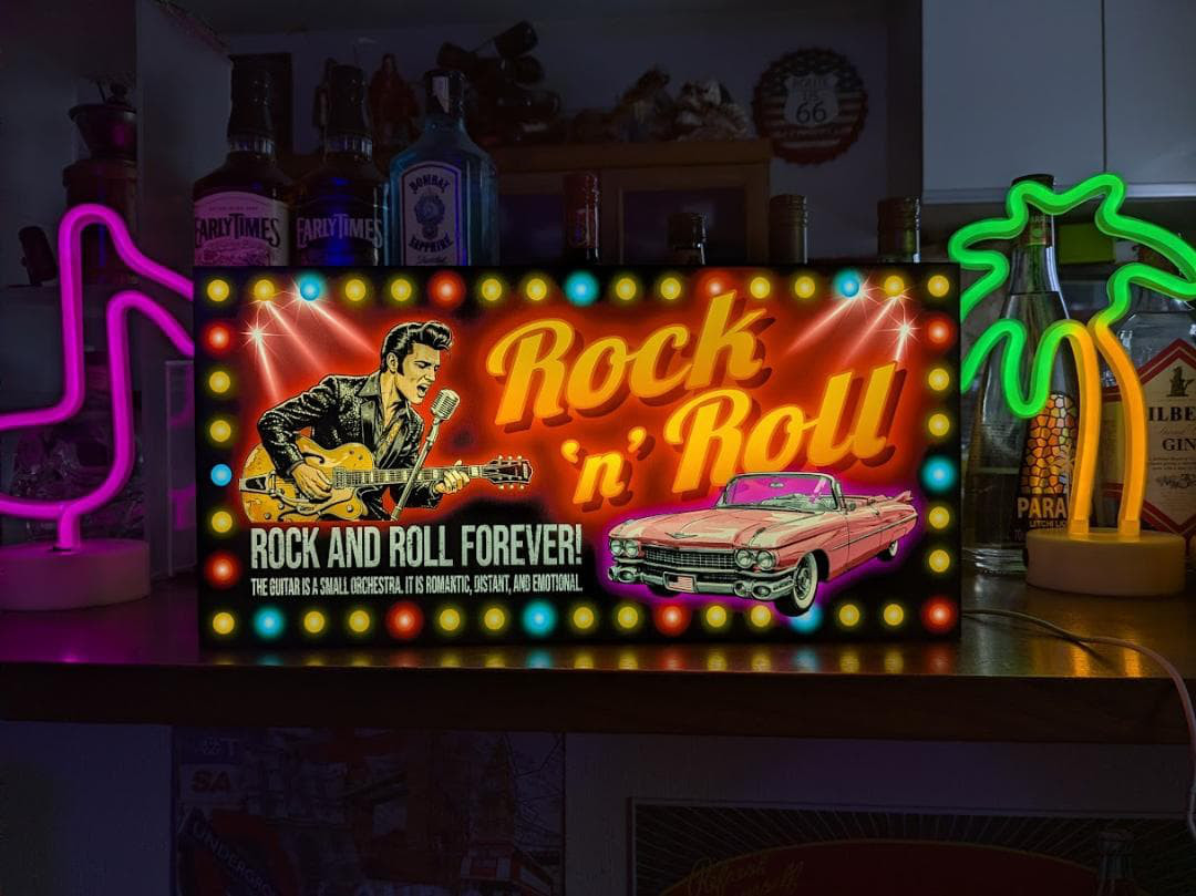 【Lサイズ】ロックンロール ロカビリー アメ車 ギター ライブ アメリカンレトロ 照明 看板 置物 雑貨 ライトBOX
