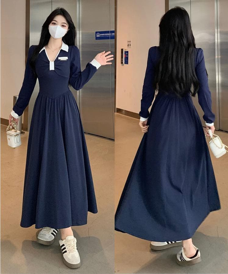 大きいサイズ ロング　ワンピース　レディース 　春 秋冬 新品 長袖　ネイビー