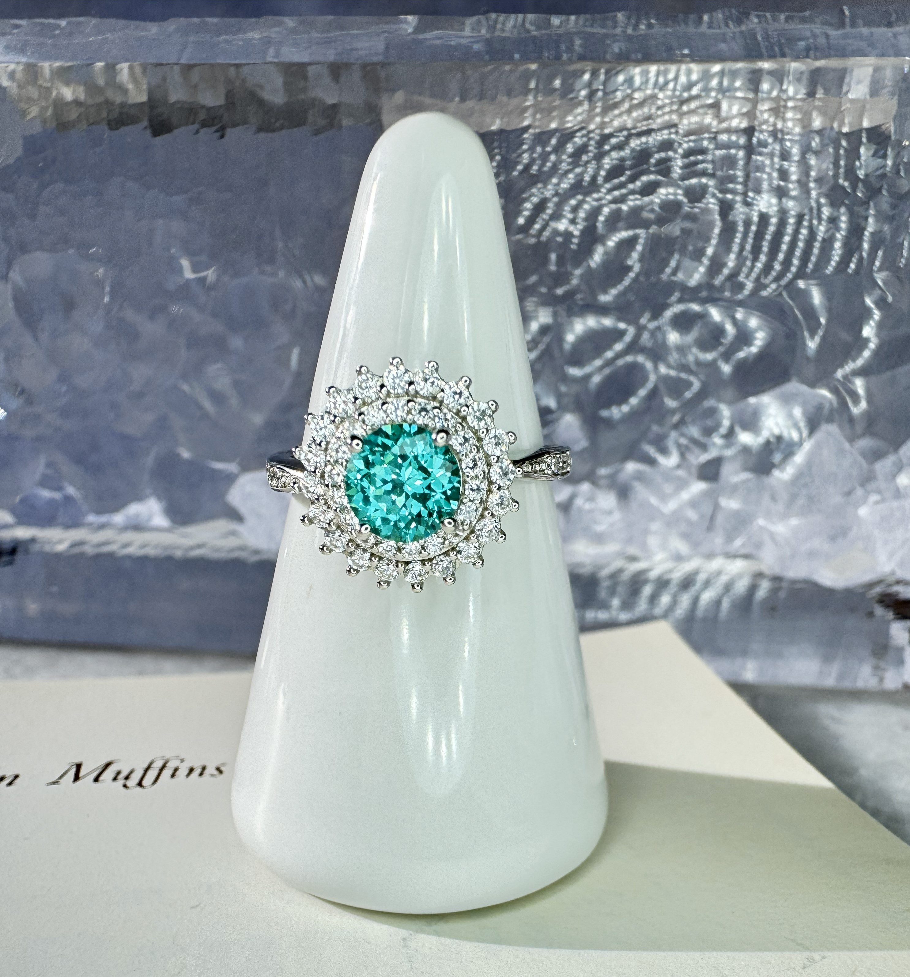 AGL鑑別書付｜パライバカラー YAG 6mm シルバーリング｜14号｜ヘイローデザイン