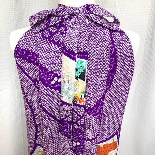 正絹】着物リメイク 絞りと駒刺繍の豪華振袖ドレス／ホルターネック