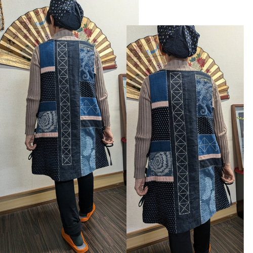 書生絣の手刺し子チュニック 古布リメイク チュニック 着物リメイク