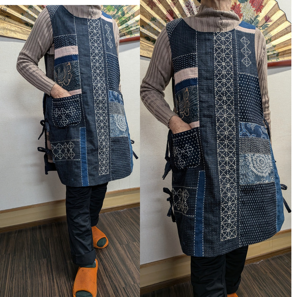 書生絣の手刺し子チュニック 古布リメイク チュニック 着物リメイク