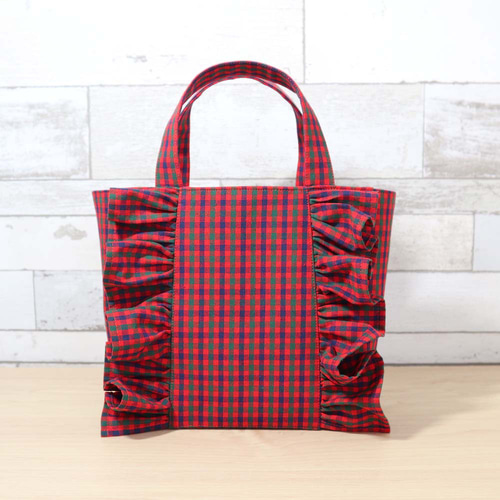 ファミリア　 赤緑チェック トートバッグ　小 ジップ付き ファミリア風 緑チェック タータンチェック マチあり