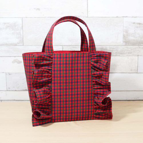 フリル付き ファミリア風 赤チェック タータンチェック マチあり