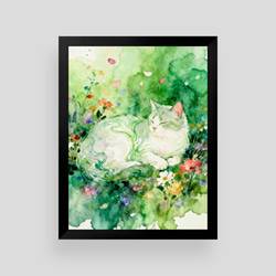 絵画 。壁掛け絵【部屋の中で花瓶を片付ける少女とかわいい白猫ちゃん