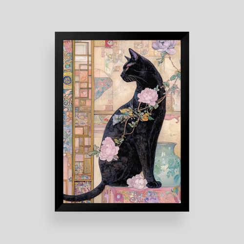 絵画 | イラストポスター 1059☆ 【レトロな雰囲気の黒猫】 絵画