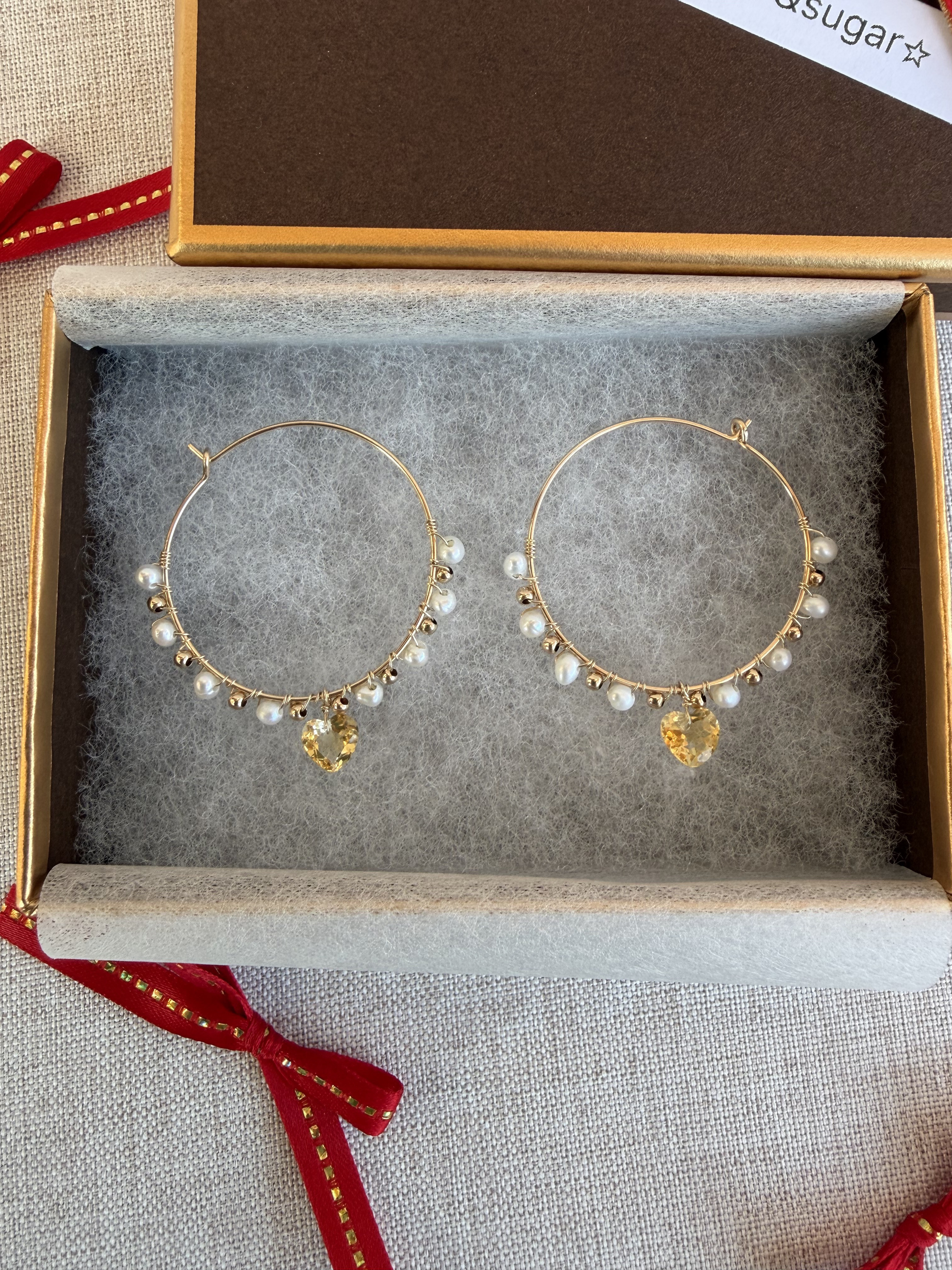 14kgf 淡水　ベビーパール　ハート　シトリン　フープピアス　ピアス　天然石　大人　可愛い　ご褒美　大人コーデ