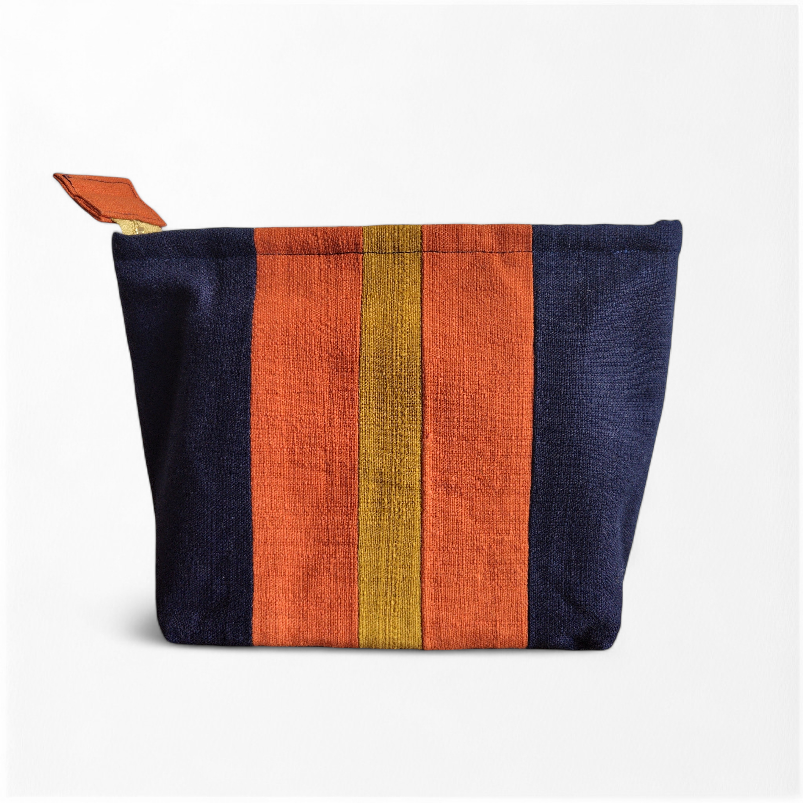 世界にひとつ｜手染めストライプポーチ｜ネイビー × オレンジⅹマスタード｜マチ付き｜裏地あり
