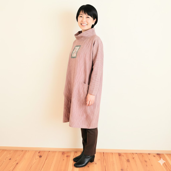 麻生地リメイクチュニック 大島 青緑 五分袖 パフスリーブ チュニック 着物リメイク シルク