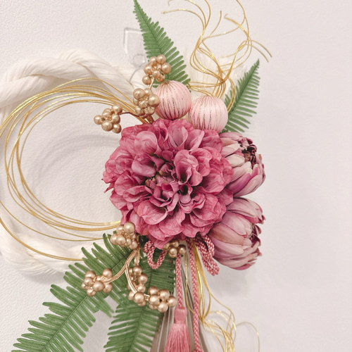 【くすみピンクmam 】しめ縄リース お正月飾り しめ縄 しめ縄飾り・ピンク しめ縄・くすみピンク しめ飾り お正月 ガーリー