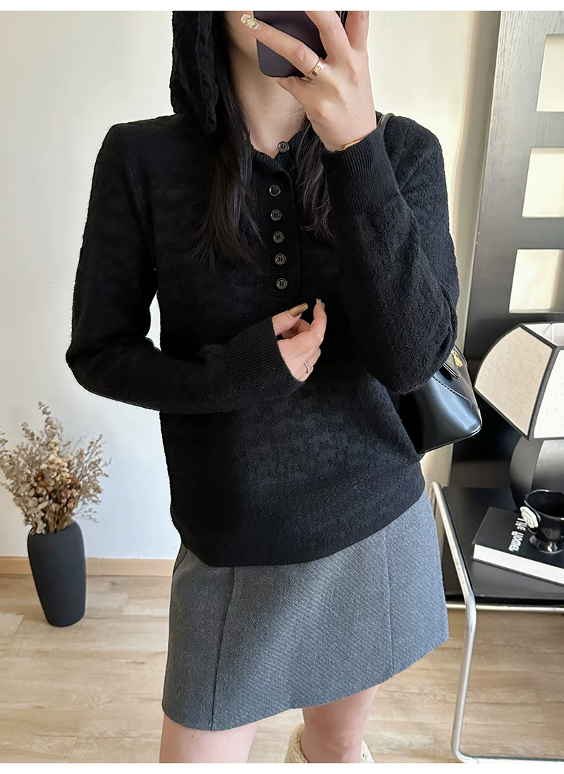 カーディガン トレーナー コート ジャケット 裏起毛 秋冬黒ふわふわ裏起毛ニットフード付きロングコート 受注制作 通勤