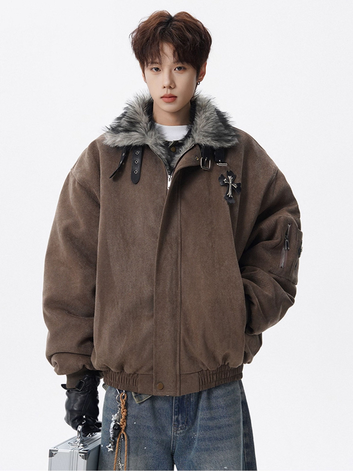 アメリカ式十字架座山彫毛襟綿入れ男性冬期加絨綿入れコート高級感加厚保温綿入れ