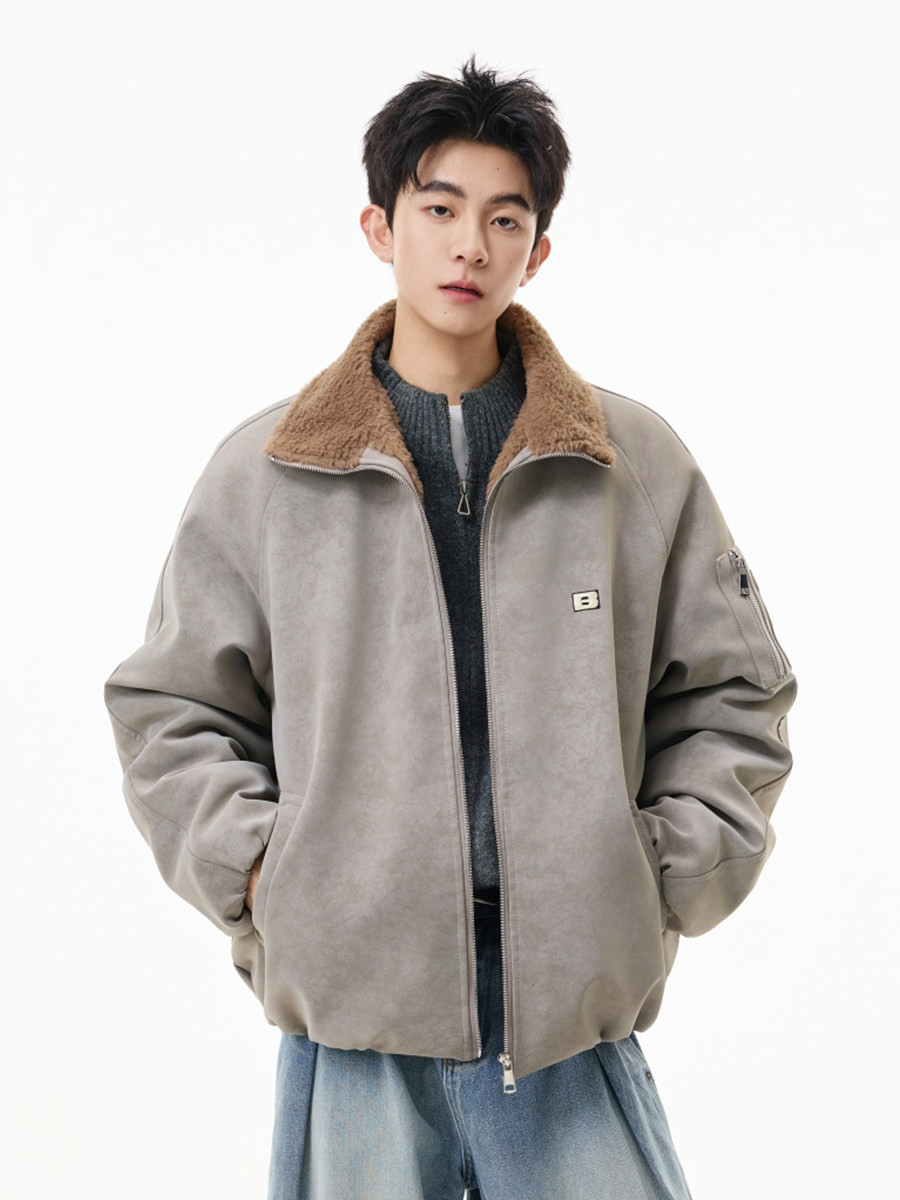 アメリカ式ラムウールの襟開きpu皮の綿入れコート男性冬の新型潮マークゆったりレトロ厚手保温綿入れ