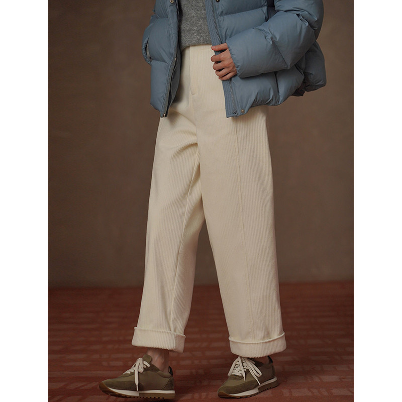 チーズのように柔らかな裏毛コーデュロイ きれいなラインのハイウエストストレートパンツ#913