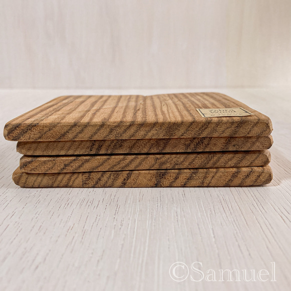 ▦きのかたち：色とりどりの不揃いコースター／セットⅠ「疾走る縞馬ゼブラウッド×4」│coaster Zebrawood 6枚目の画像