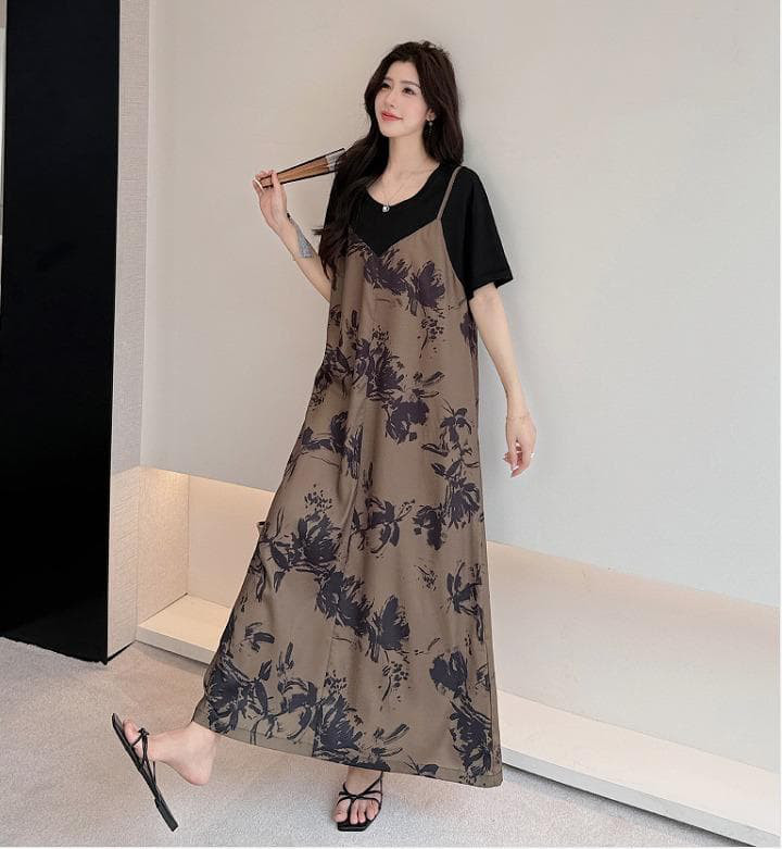 大きいサイズ レディース ワンピース　重ね着風　ロング　春夏 秋 新品 半袖