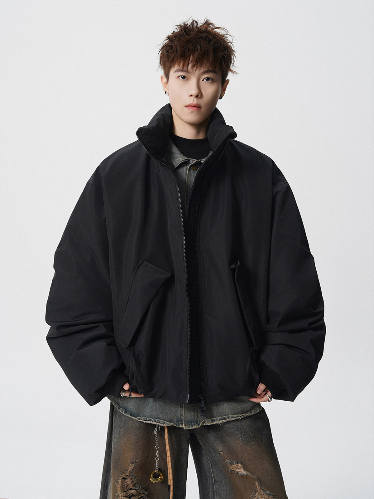 アメリカンダブルファスナー厚手フライトジャケット綿入れ男性冬のファッションブランド高級感ごろつきハンサム保温綿入れコート