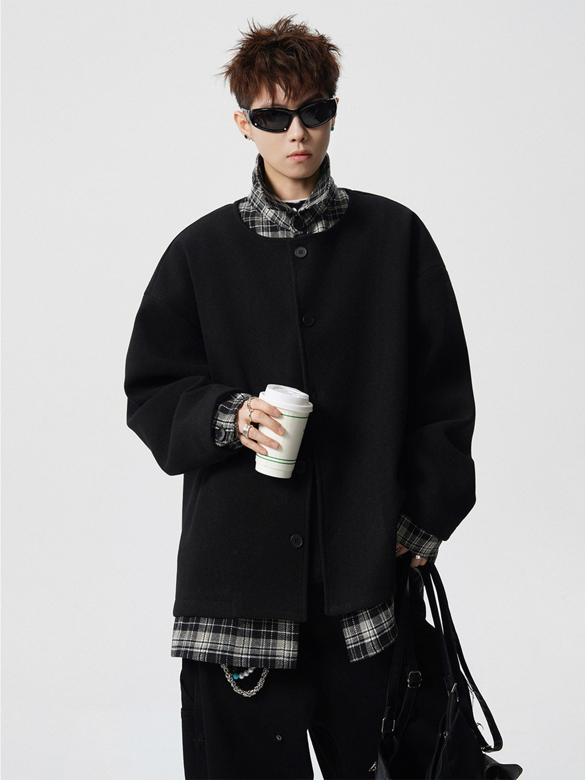 老銭風偽2枚のチェック柄パッチワークジャケット綿入れ男性冬のファッションブランドゆったり厚手保温ラシャコート