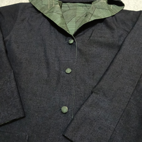 フード付きリバーシブルコート…男女兼用…着物リメイク…ハンドメイド