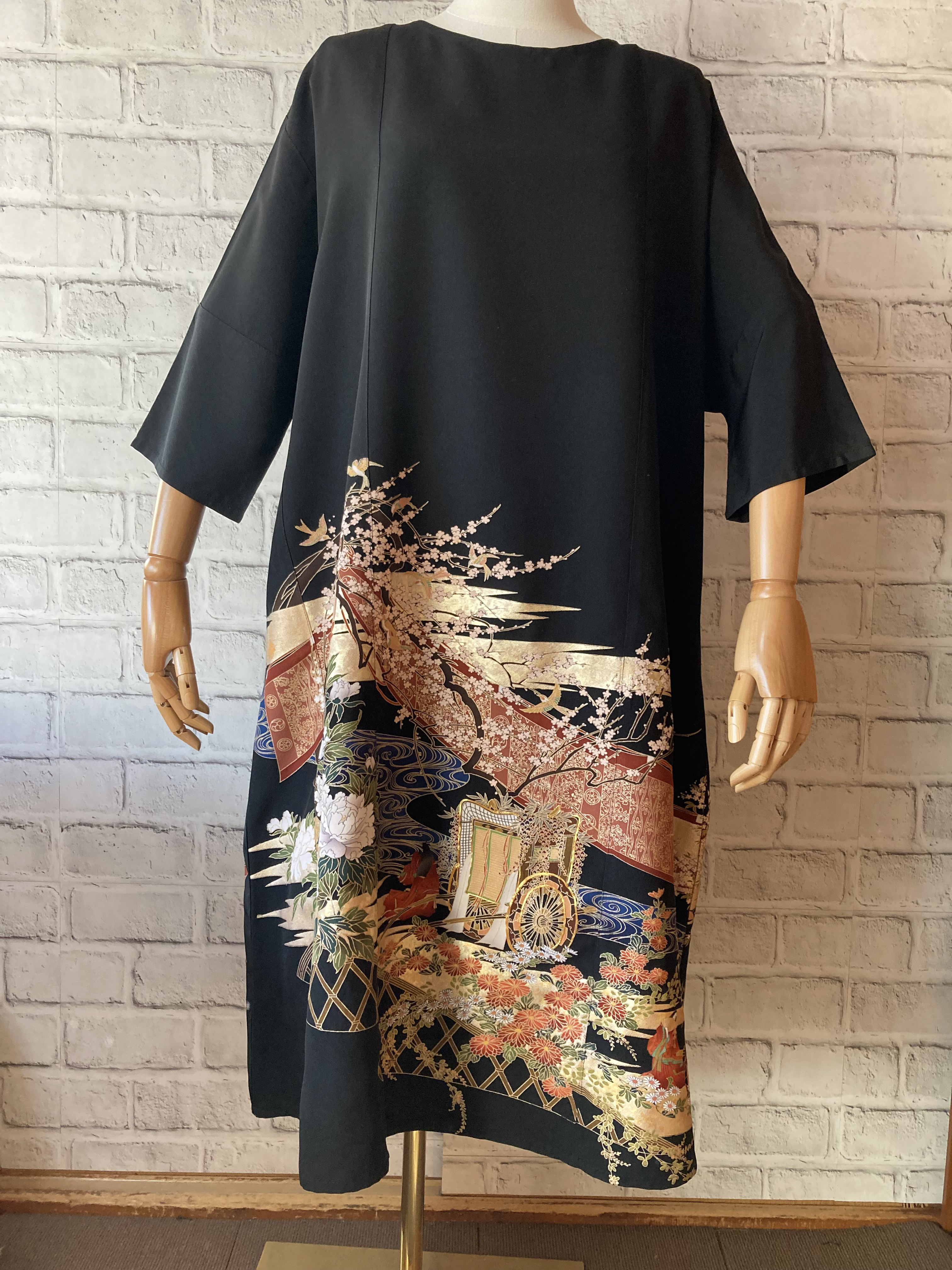 平安柄　黒留リメイクワンピース　絹