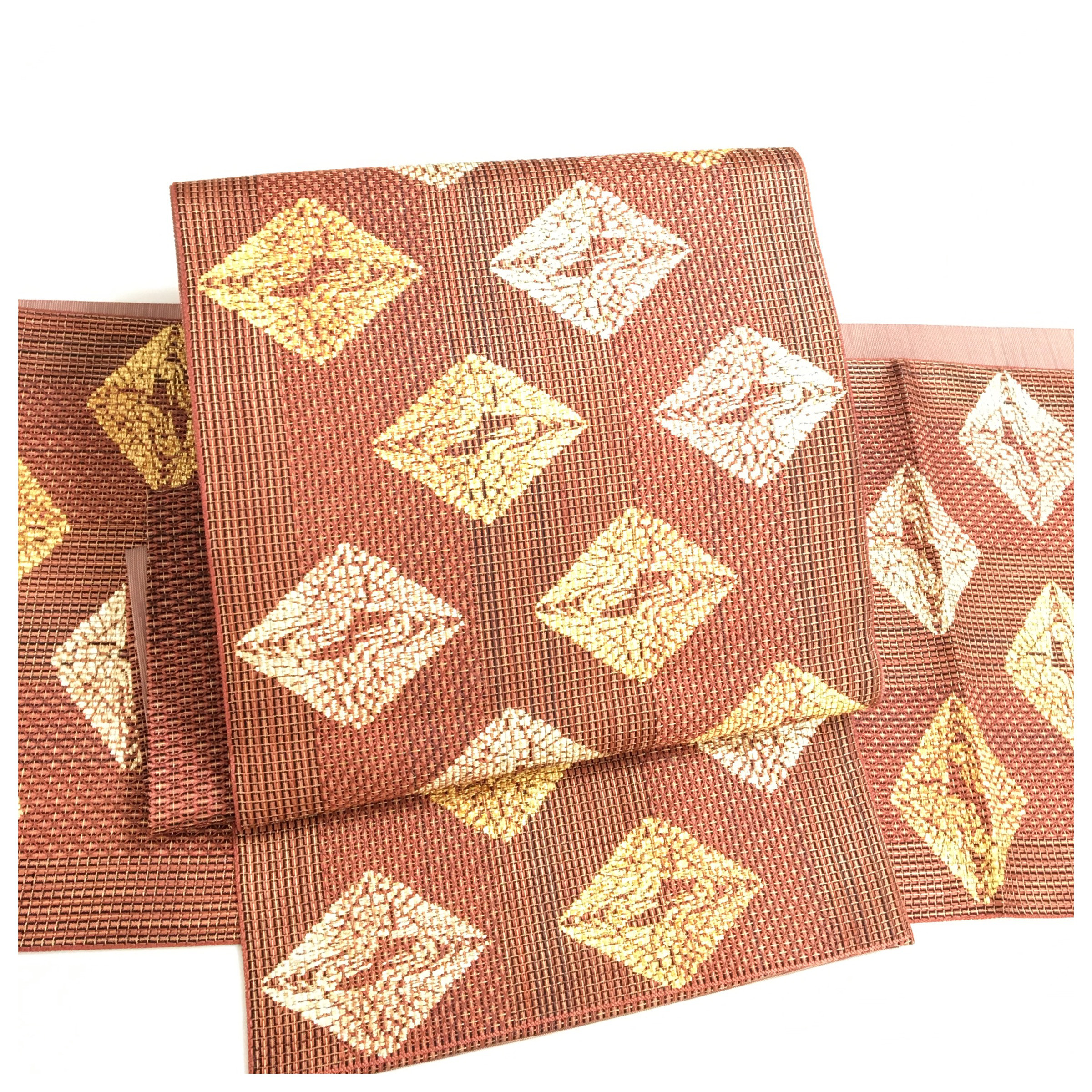 美品　正絹　楽帯　高級呉服　袋帯　茶　太織り紋　二部式　二重太鼓　作り帯