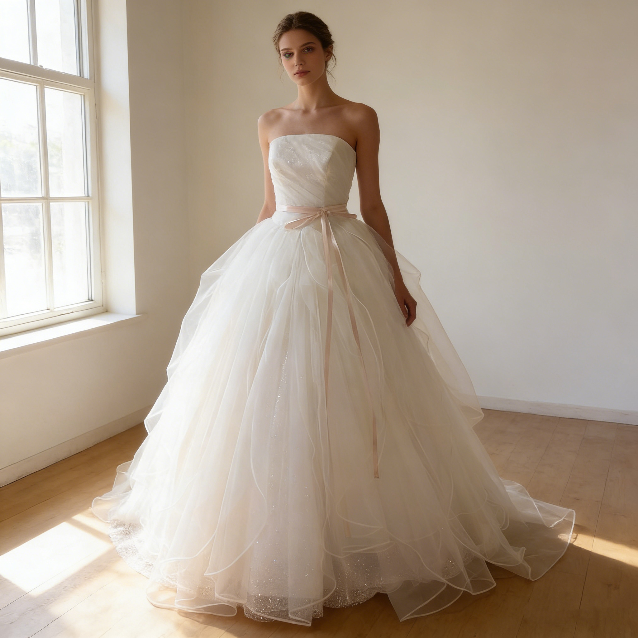 送料無料！ウェディングドレス ビスチェドレス ラッフルフリル  グリッタードレス プリンセスライン  結婚式