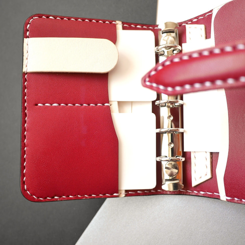 旅する手帳 アイボリー×赤 ─ M5サイズ システム手帳 栃木レザー 姫路