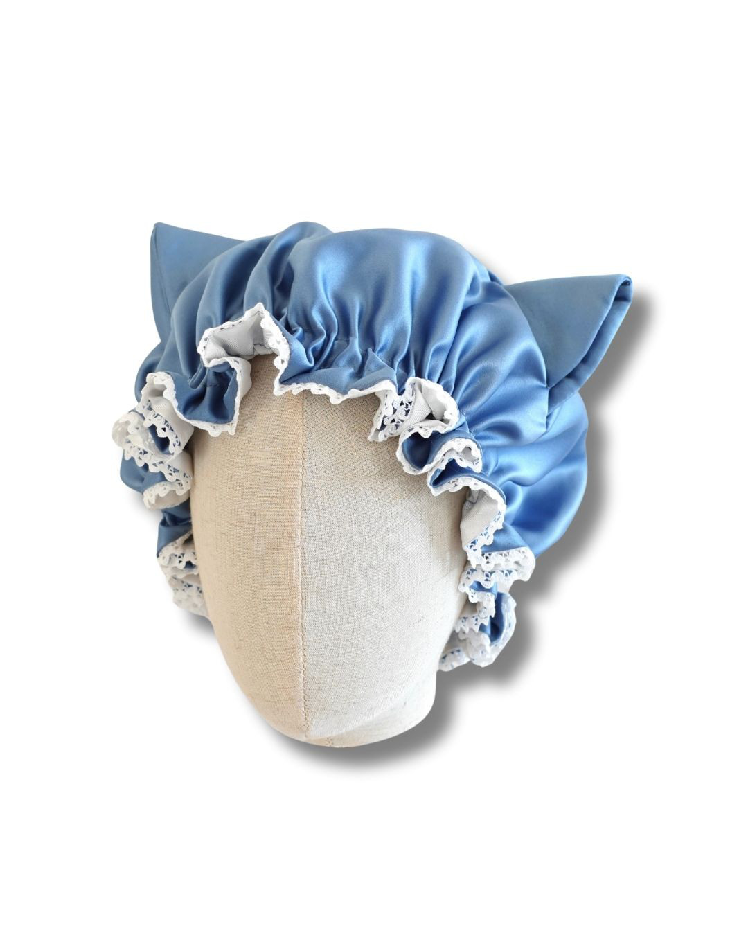 8歳-大人Cat-Ear Blue（キャットイヤー）洗える国産シルクナイトキャップパイピング リボン