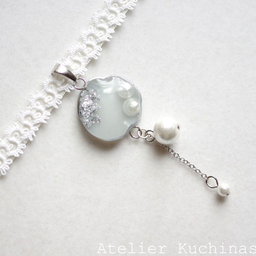 チョーカー レジンパール 受注製作】レジンアート オーバルモチーフとタティングレースとサテン