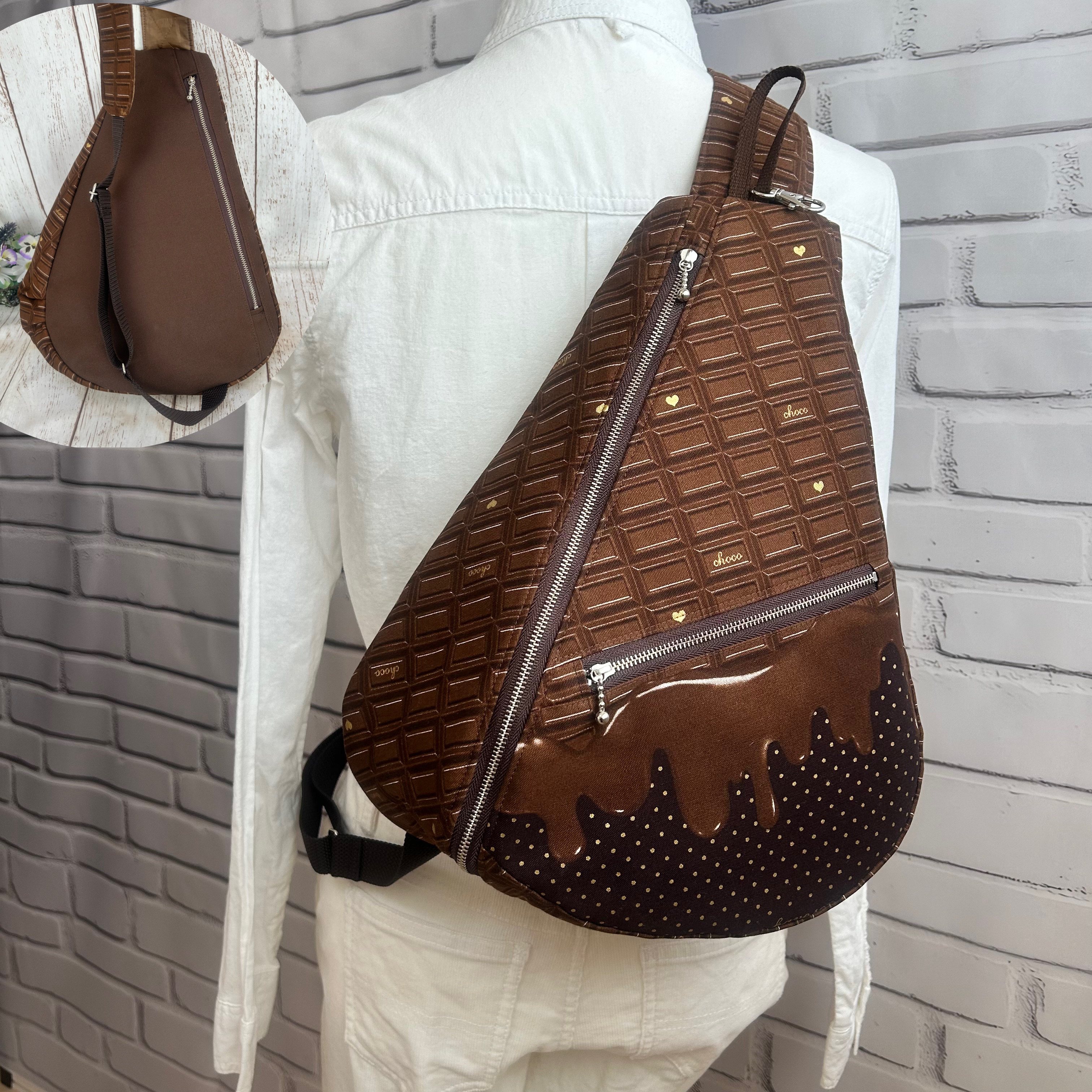 背面ファスナーポケット付き　軽量　しずく型　ワンショルダーバック　ボディーバック　長さ調節可能　とろけるチョコレート