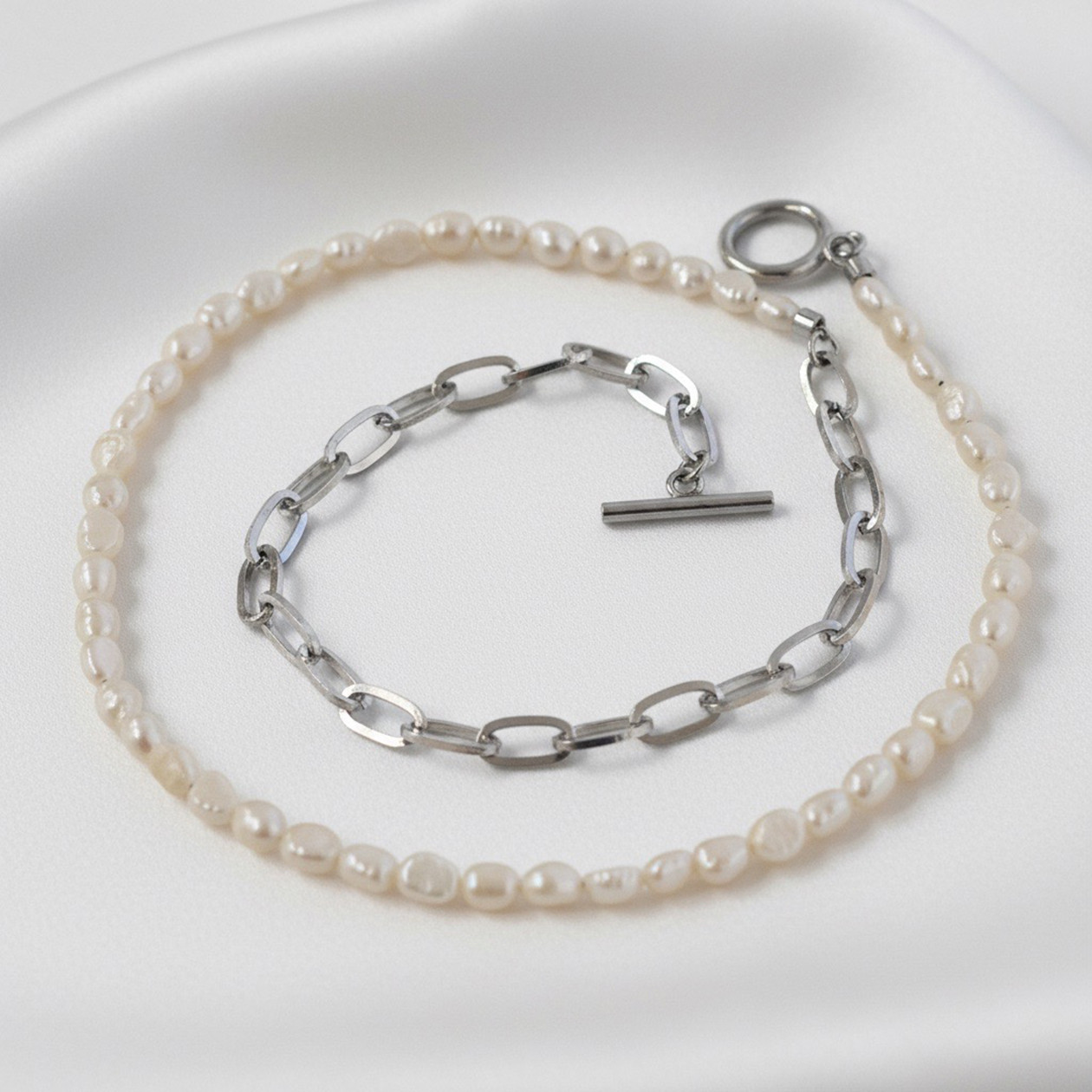 淡水パール × ステンレスチェーン コンビネーションネックレス ｜サージカルステンレス316L シルバー【stn63】