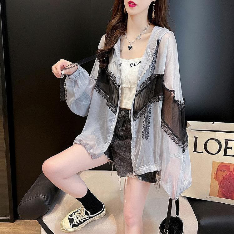 大きいサイズ レディース 薄手　パーカー　シアー　春夏 秋 新品 長袖　レース