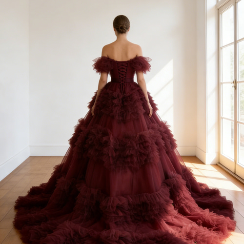 カラードレス ボルドー色 オフショルダー ボリュームドレス 編み上げ