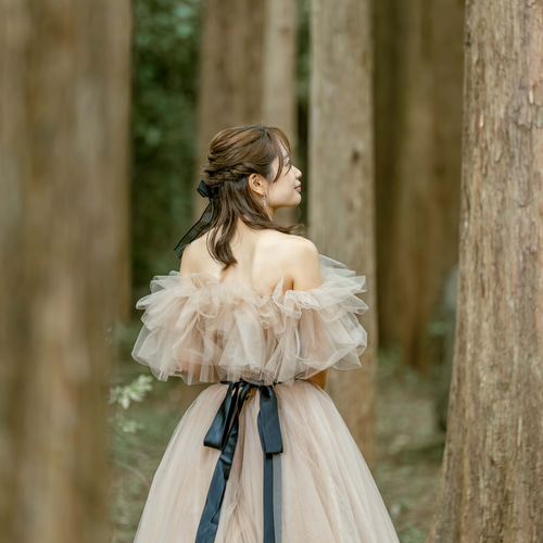 実例写真！カラードレス オフショルダー サッシュベルト 薄シャンパン