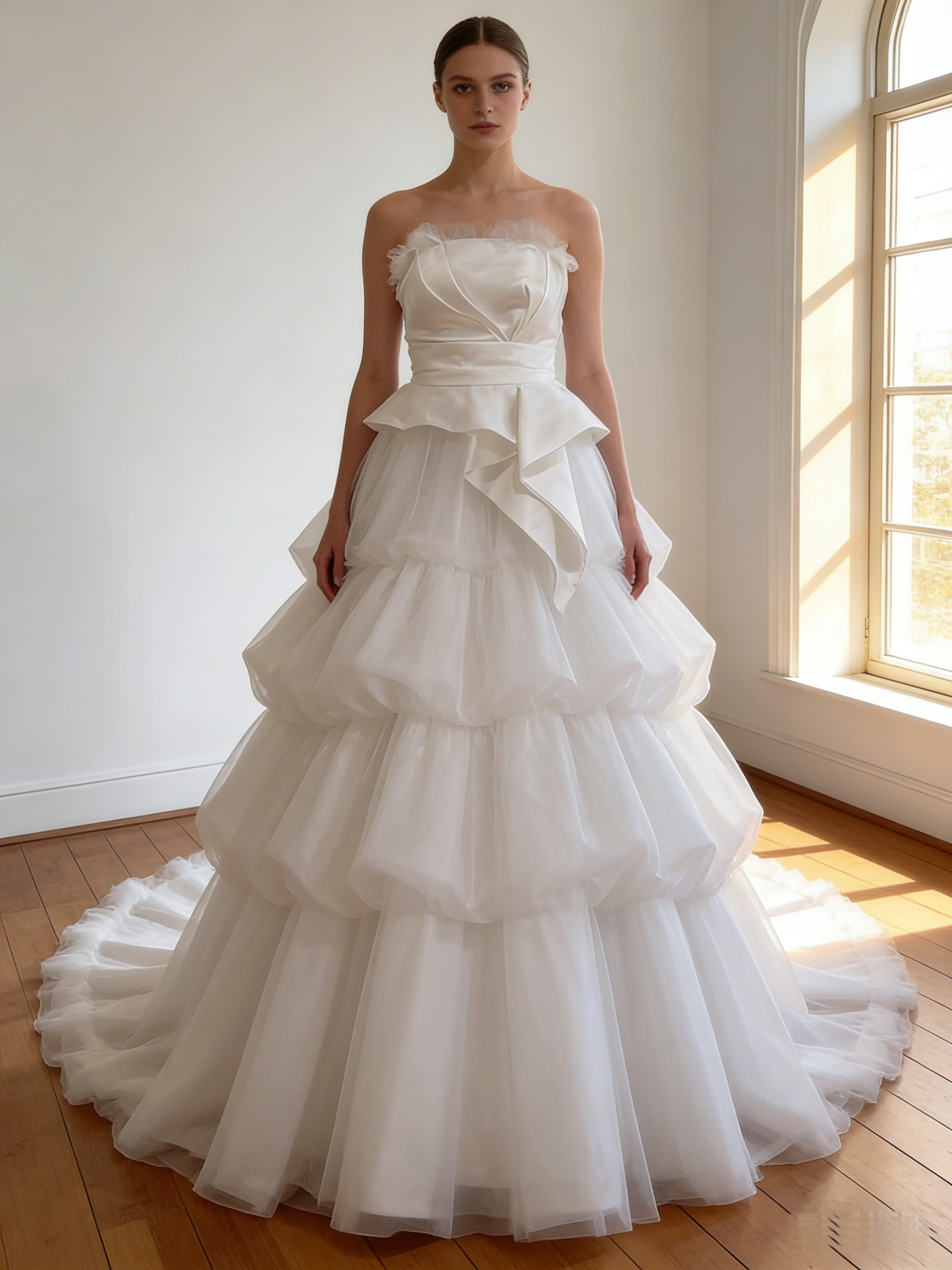 ウエディングドレス  オフホワイト ビスチェドレス  ソフトチュール  華やかなトレーン  編み上げ  結婚式  前撮り